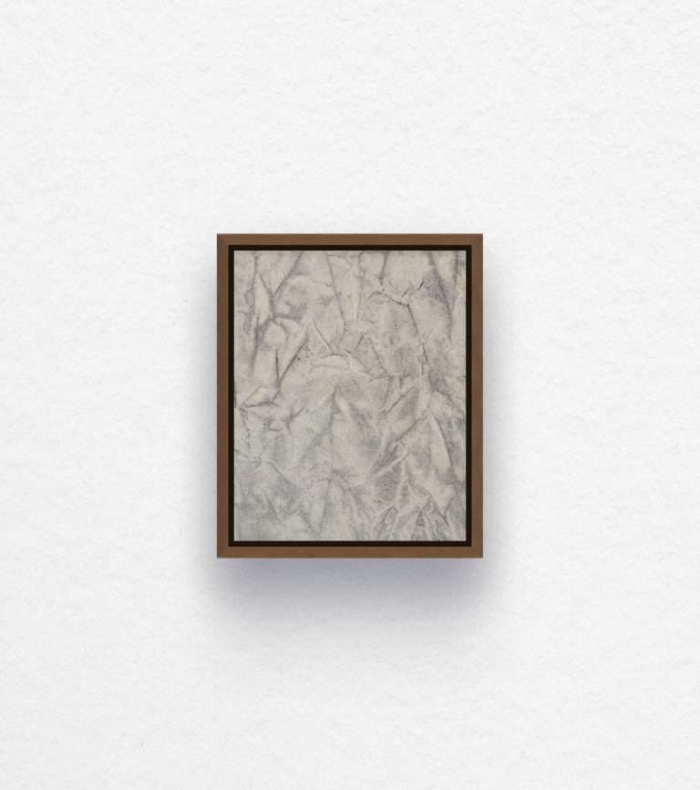Observation 05, pale blue-grey abstract artwork with overlapping fold and crease marks in a walnut-stained Tasmanian oak frame by Laura Wright