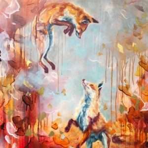 Painting of two foxes. One fox in the artwork is jumping. The fox art is painted in an ethereal earthy and orange toned setting.