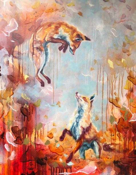 Painting of two foxes. One fox in the artwork is jumping. The fox art is painted in an ethereal earthy and orange toned setting.