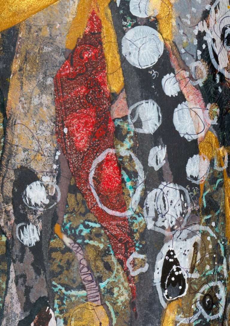 Spots of texture and colour, white over red and ochre.