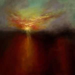 A colourful abstract landscape with the sun appearing at dawn in red, yellow and turquoise colours.