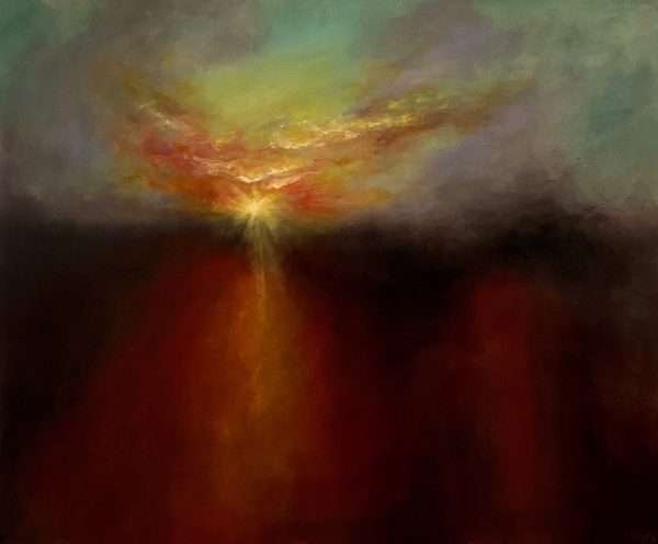 A colourful abstract landscape with the sun appearing at dawn in red, yellow and turquoise colours.