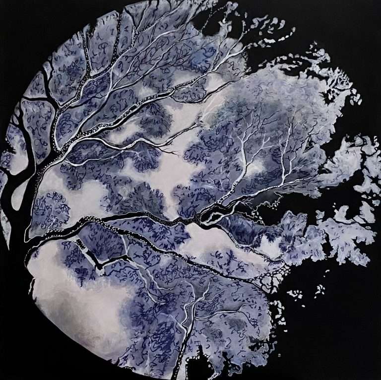 My work suggests the earth via the circular background, while alluding to the disappearance of trees by the disintegration of the branches at the edges and through the delicacy of the image itself.