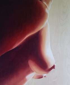 Artwork titled Coming Out by Christina Cerqueira depicts a woman on her side with her shoulders pulled out in a moving forward motion. She is nude.