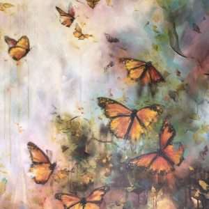 Monarch butterfly painting. This artwork has colourful rainbow colours in an ethereal setting.