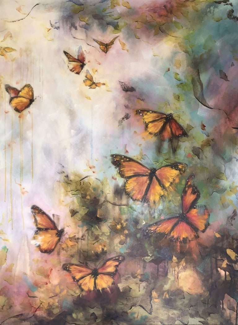 Monarch butterfly painting. This artwork has colourful rainbow colours in an ethereal setting.