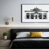 Garden State Hotel in Melbourne as an illustrative art piece in pen and ink fine liner hanging on a bedroom wall