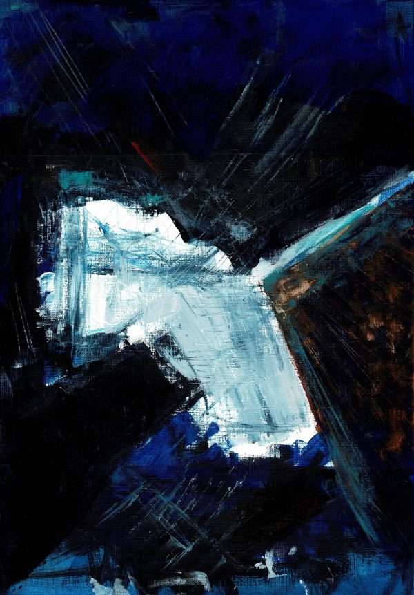 Vivid abstract depiction of glacier with brilliant white ice nestled in between blue-brown-black mountain rock.