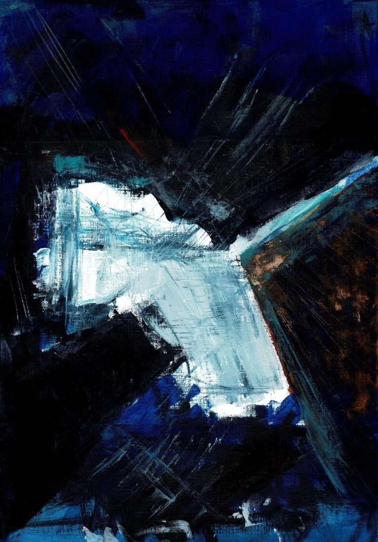 Vivid abstract depiction of glacier with brilliant white ice nestled in between blue-brown-black mountain rock.