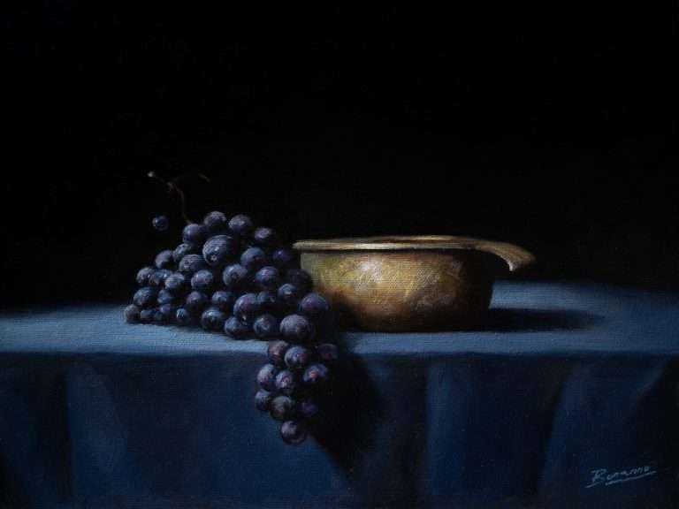 Still life oil painting of grapes and sugar bowl
