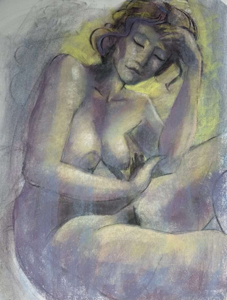 Pastel and charcoal drawing of a nude woman with one hand up her her brow and the other across her stomach. Yellow light emitting from behind her, the figure’s flesh is blue, purple and soft yellows.