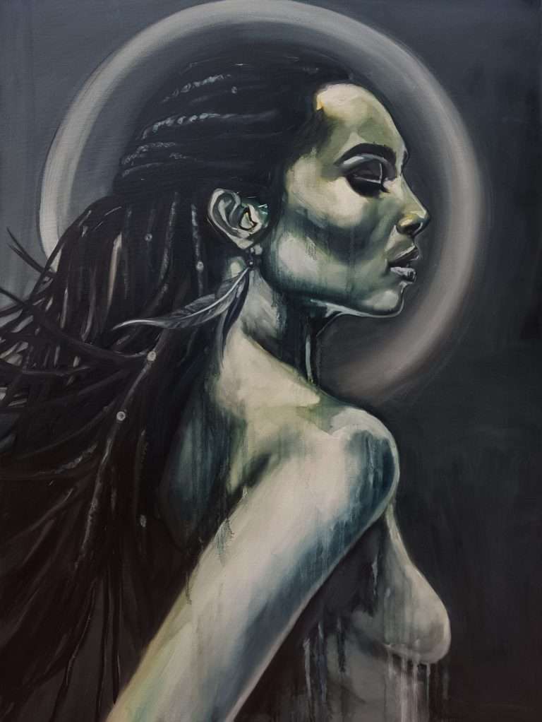 Oil painting of a wild naked woman under the full moon