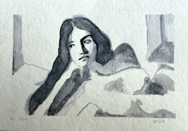 Monotone B&W watercolour portrait of a reclining woman’s head and chest. She is leaning on her elbow with her hand against her face, her eyes averted.