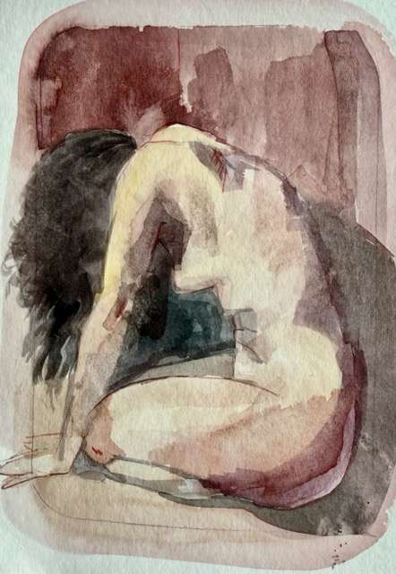 Watercolour of sitting female nude figure from side, head forward, hair down and hands in front of her knees.