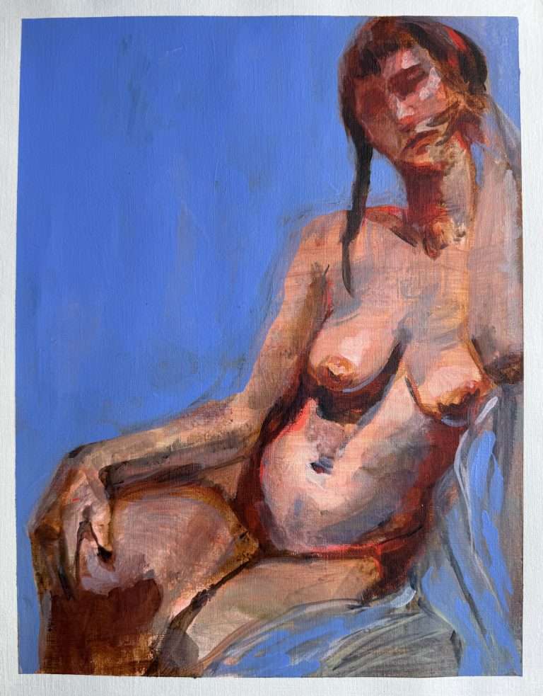 Painting of a seated nude woman with one hand to her face and the other rested on her knee, looking at the viewer on a light blue/violet background.