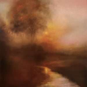 Sunset landscape with tree and stream in warm colours.
