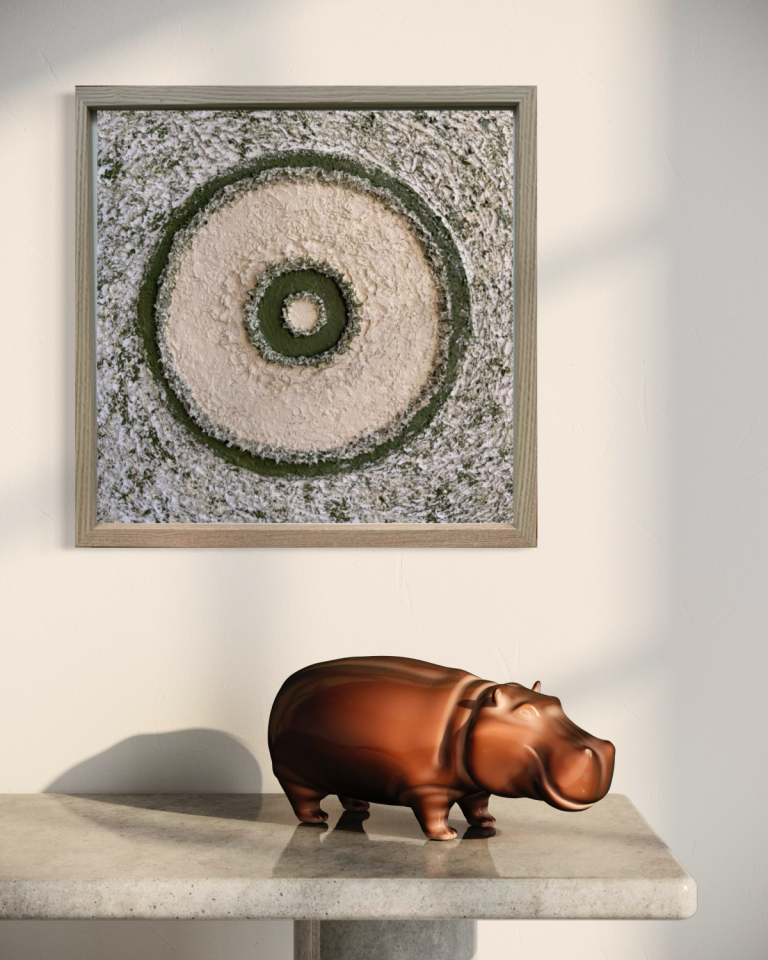 Square 43x43cm 3D textured wall sculpture in moss green and stone grey by Samaa Art Studio.