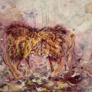 painting of two male lions in purple and mauve tones.