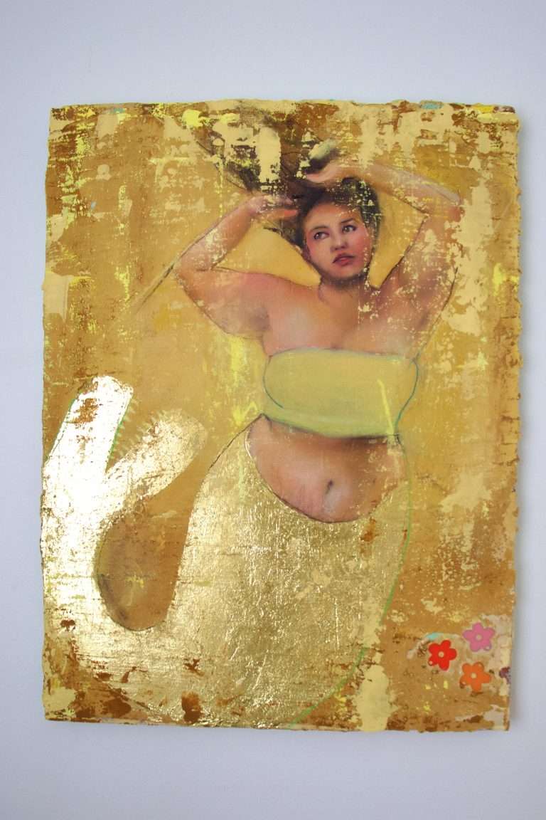 Mermaid crocodile painting with gold foil and embedded resin flowers
