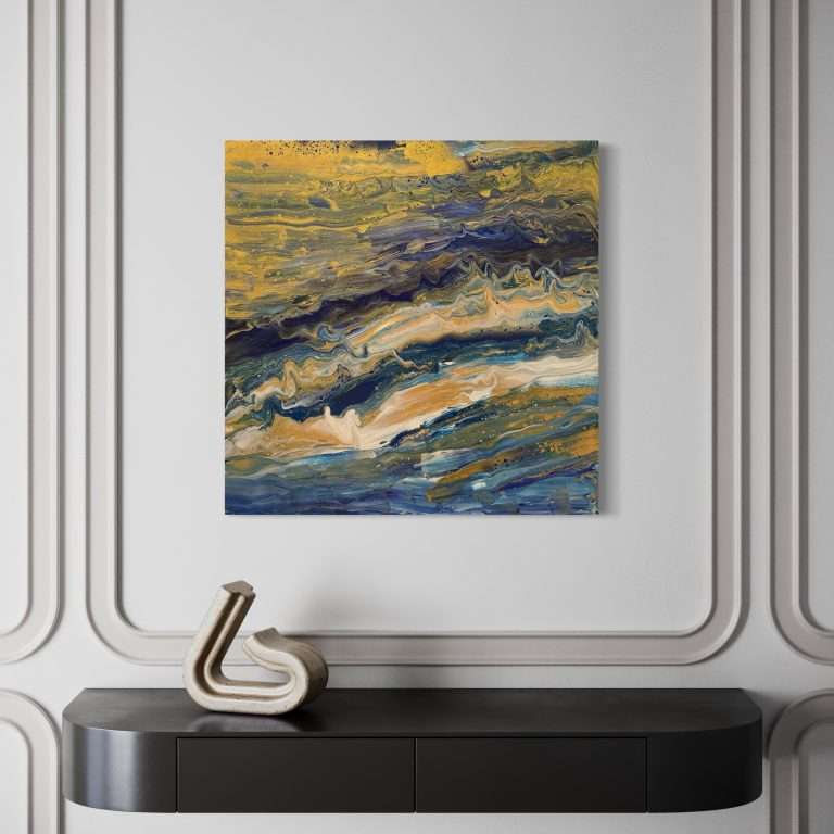 Abstract seascape painting with layered blue, teal, gold and white tones suggesting ocean waves at sunset