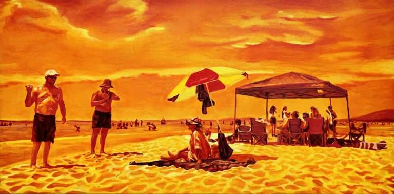 An orange hued beach scene oil painting with figures interacting with each other