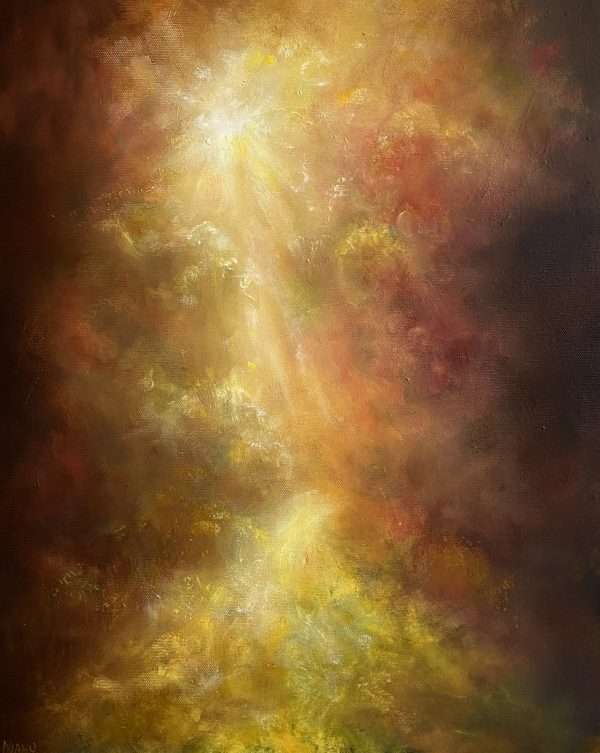 This Impressionistic work explores a winding path inviting the viewer through a dreamy Autumn forest towards the sunlight. The colours are warm and inviting, creating a welcoming ambience.