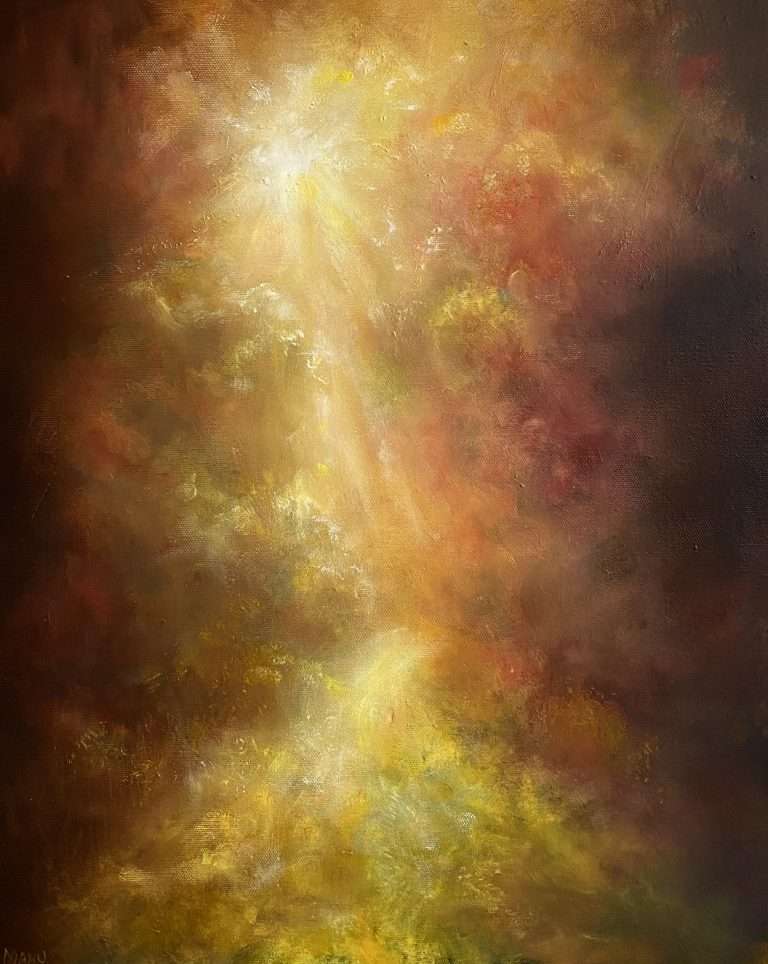 This Impressionistic work explores a winding path inviting the viewer through a dreamy Autumn forest towards the sunlight. The colours are warm and inviting, creating a welcoming ambience.