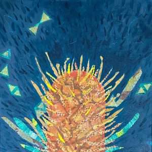 The top half of a banksia collaged in orange and yellow at the bottom of a square blue background