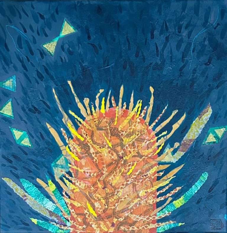 The top half of a banksia collaged in orange and yellow at the bottom of a square blue background