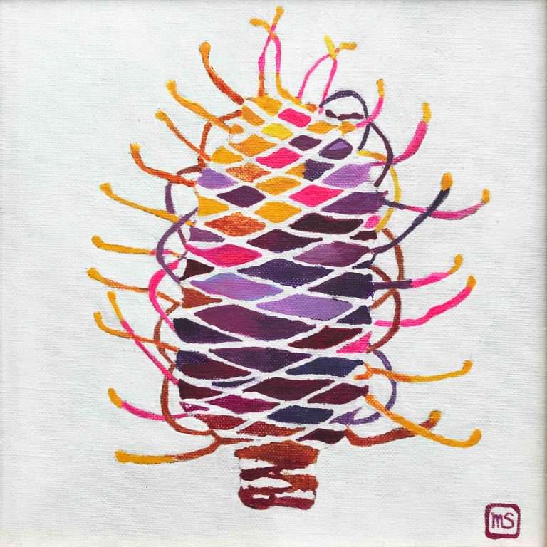 Pink, yellow and purple abstract banksia on a white background