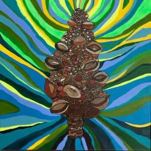 A brown banksia seed pod surrouned by wavy green and blue lines