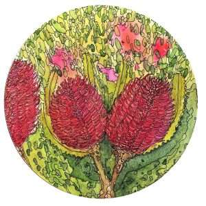 Red, green and black round imaginative banksia painting,