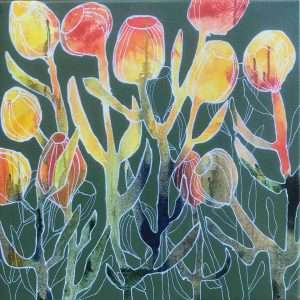 Yellow and orange abstract banksia flowers on a green background