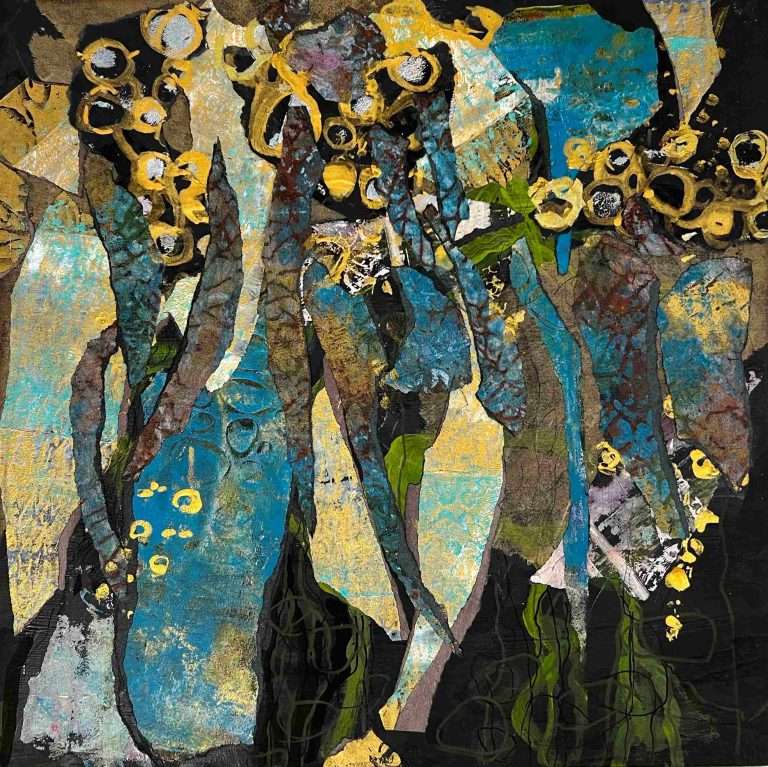 Blues and golds on a black textural board