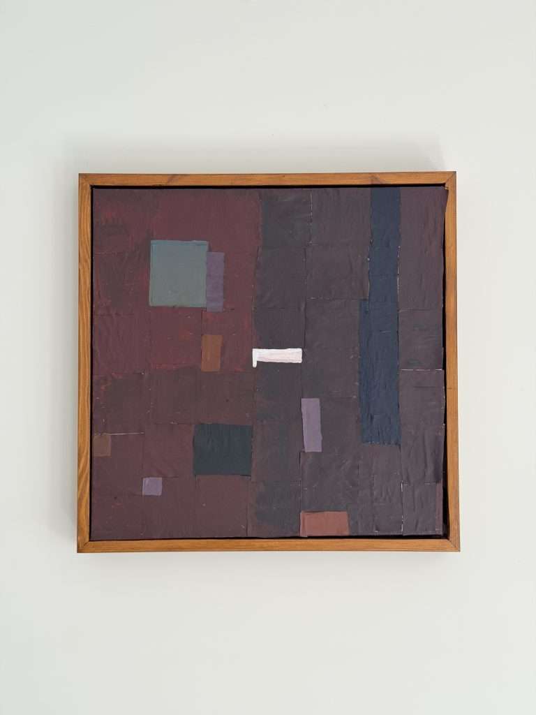 A return to origin. Built from paper bags and painted over, the work explores what lies beneath the layers we carry.