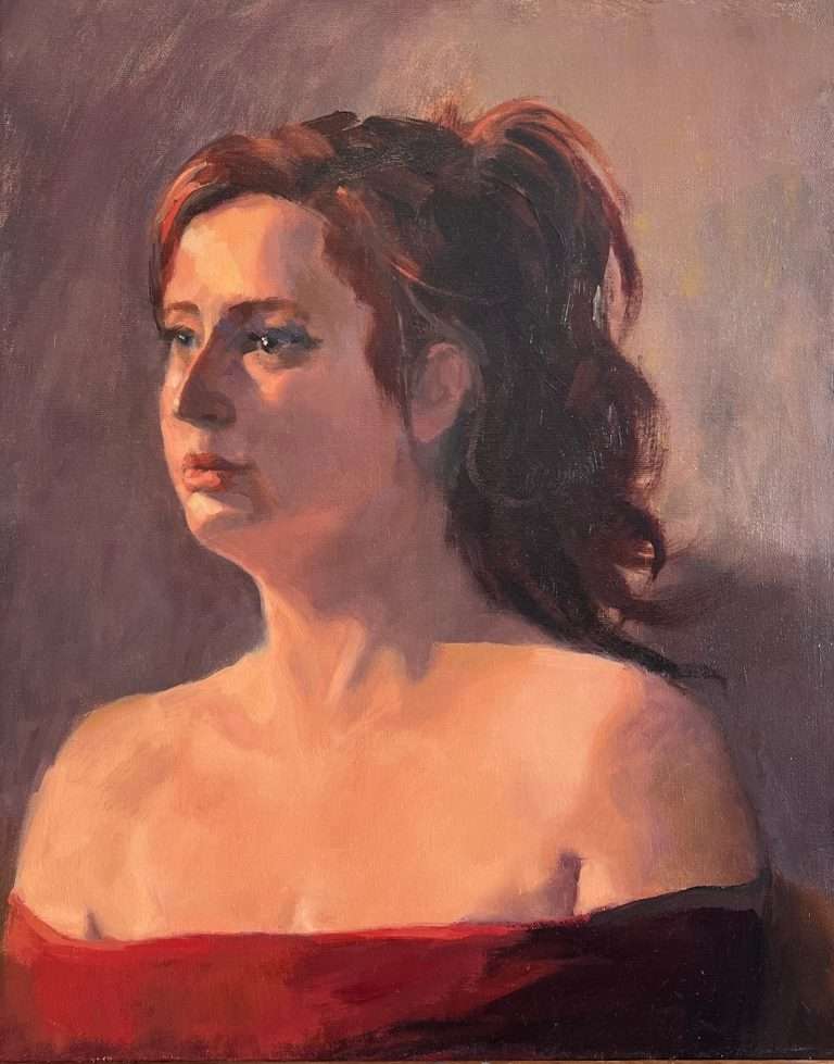 Oil painting by Sharon Martin 'The Red Dress' in the Tonal Impressionist method