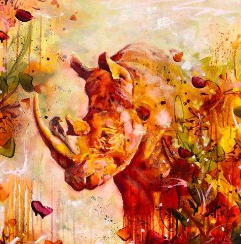 rhino artwork in warm orange and red colours with abstracted background.
