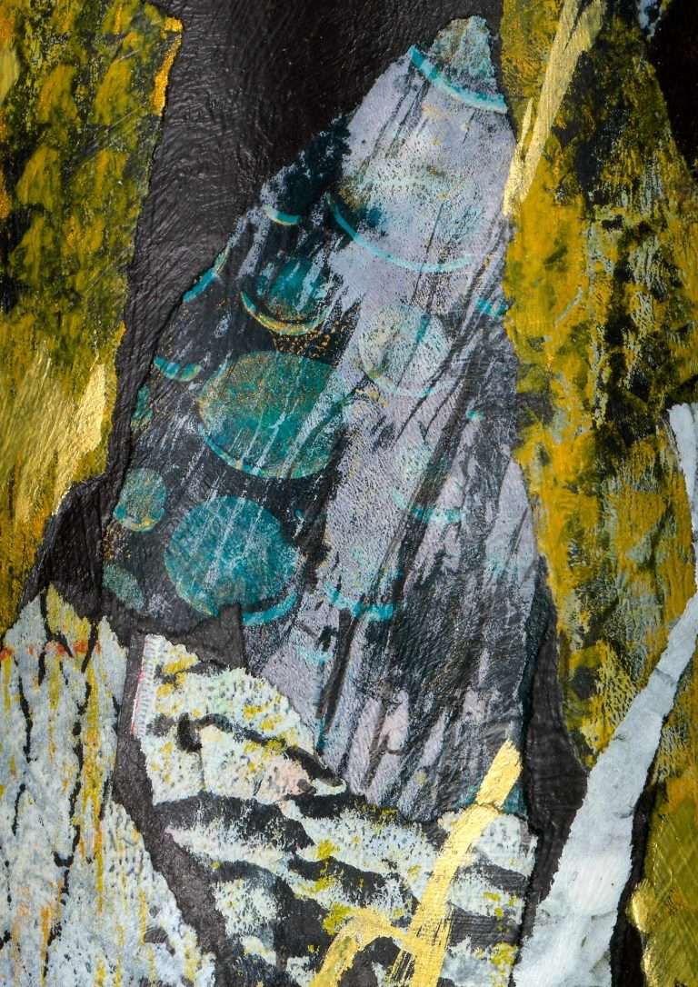 Blue, grey, ochre and white. Contrasting marks and shapes.