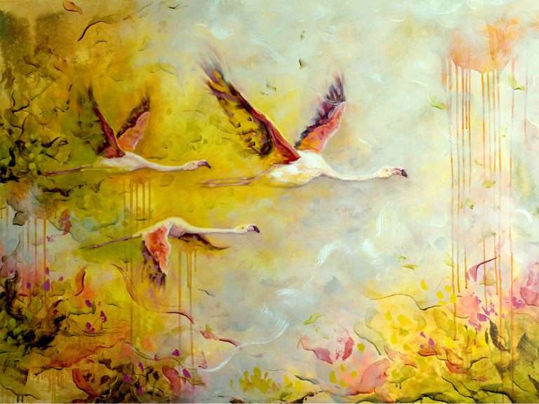 flying flamingo artwork in bright vibrant colours.