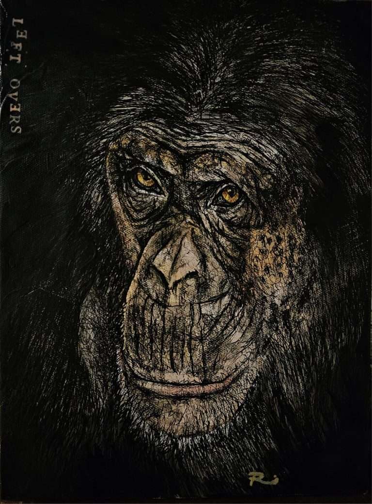 chimpanzee drawing in ink on canvas. left over series by renee mitchell