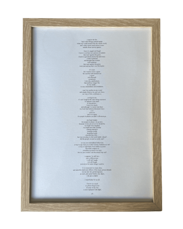 framed 'i know too much' poem by aliesha bannister, writer and soul medicine healer from Naarm/Melbourne